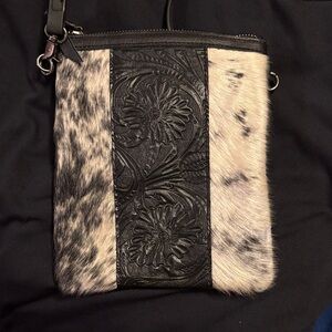 Black and White Patterned Women's Bag cowhide and leather